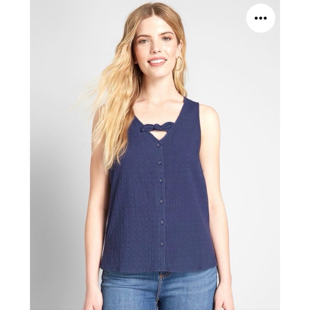 NEW ModCloth 3X Navy Polished Touch Sleeveless Top, Eyelet, Button Front, Bow